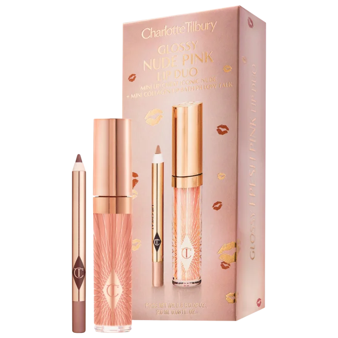 Charlotte Tilbury Mini Glossy Pink Lip Gloss + Lip Liner Set - Nude Pink mini qalam+yaltiroq to'plami
