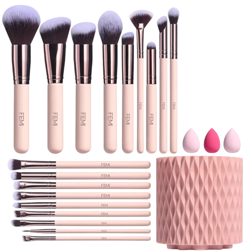 Набор кистей для макияжа с удобным вращающимся держателем Femi Cosmetics - Baby Pink