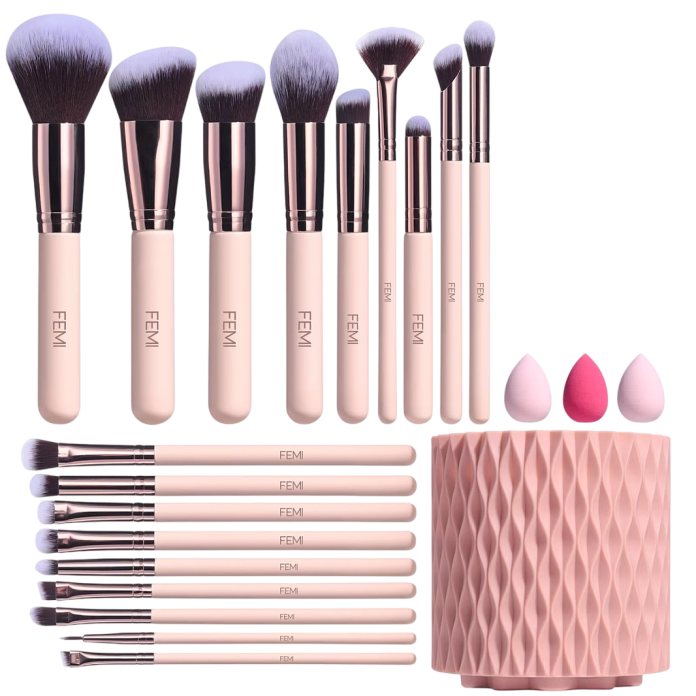 Набор кистей для макияжа с удобным вращающимся держателем Femi Cosmetics - Baby Pink