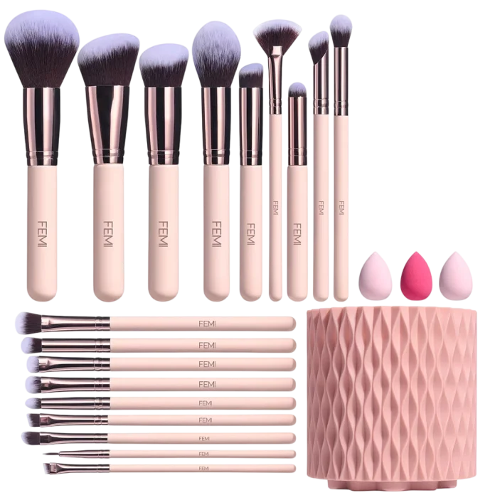 Femi Cosmetics - Baby Pink qulay aylanuvchi ushlagichli makiyaj cho'tkalari to'plami